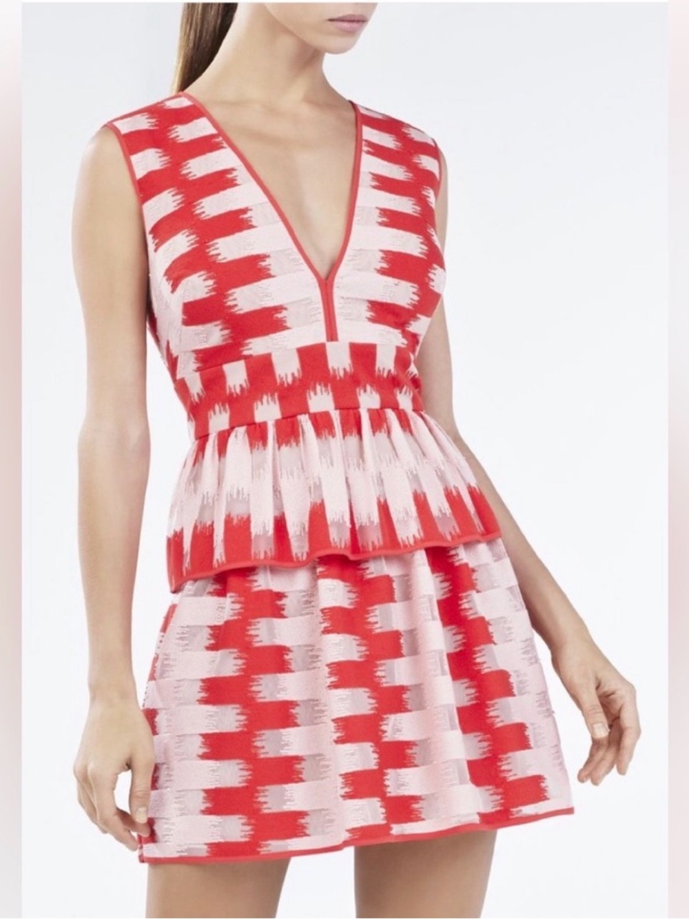 BCBG Orange Patterned V-Neck Peplum Dress